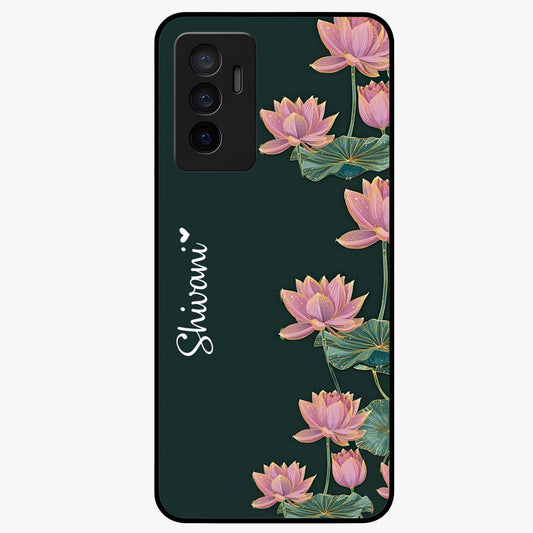 Lotus Bloom Serenity Custom Name Glass Case showing flat back view with elegant lotus flower artwork and personalized name design.
