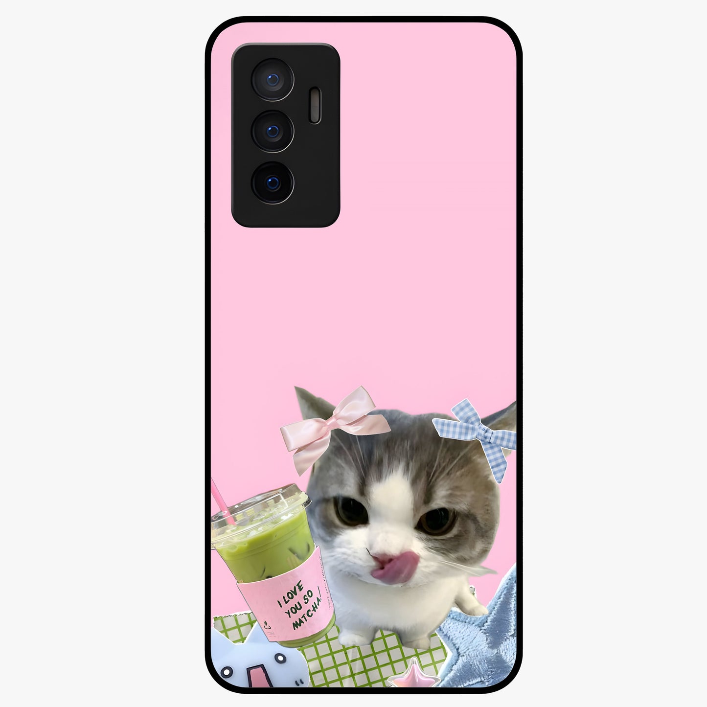 Love Matcha Cat Glass Case showing flat back view with cute cat and matcha themed artwork and glossy glass finish.