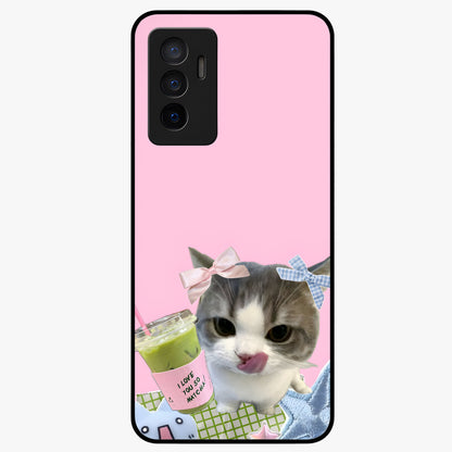 Love Matcha Cat Glass Case showing flat back view with cute cat and matcha themed artwork and glossy glass finish.