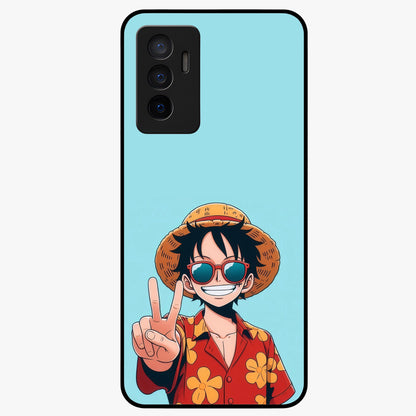 Luffy Summer Anime Vibe Glass Case showing flat back view with vibrant anime character artwork and glossy glass finish.