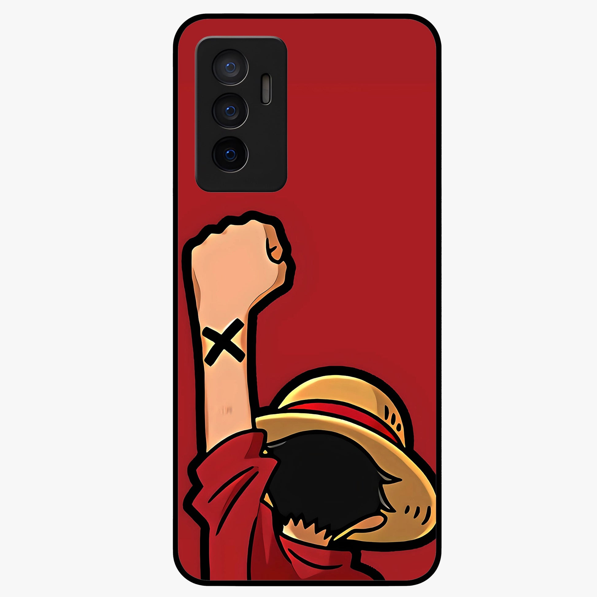 Luffy X Spirit Glass Case showing flat back view with bold anime character artwork and glossy glass finish.