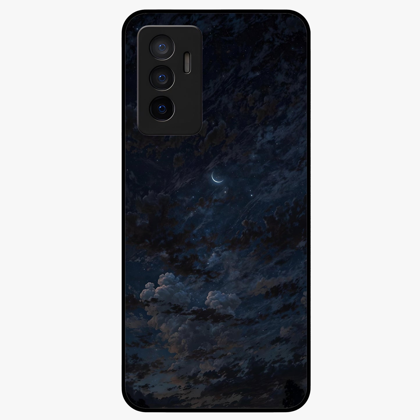 Lunar Veil Silence Glass Case showing flat back view with mystical moon veil artwork and glossy glass finish.