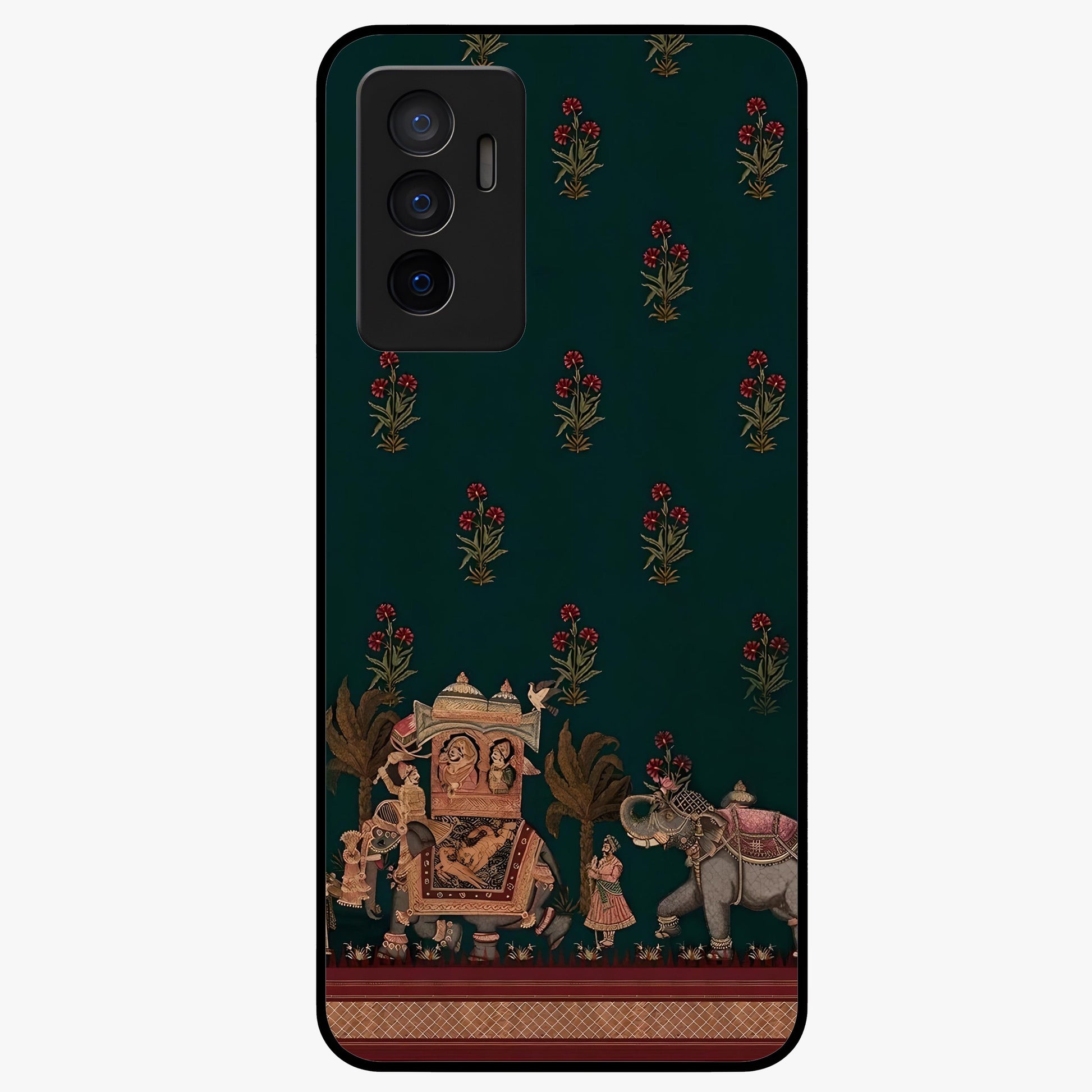 Macmerise Glass Case showing flat back view with stylish modern artwork and glossy glass finish.