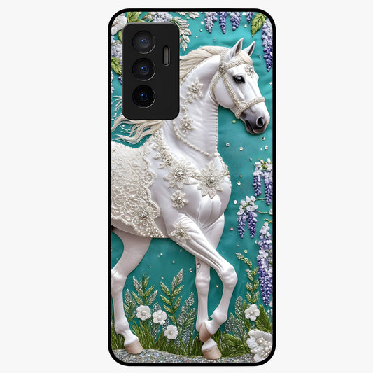 Majestic Floral Stallion Glass Case showing flat back view with powerful horse and floral artwork and glossy glass finish.