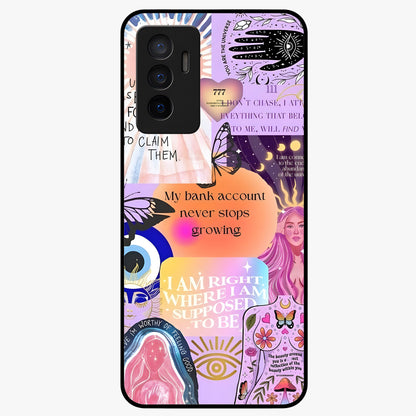 Manifestation Collage Glass Case showing flat back view with motivational collage artwork and glossy glass finish.