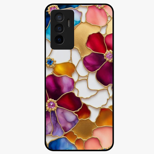 Marble Flower Pattern Glass Case showing flat back view with marble texture floral artwork and glossy glass finish.