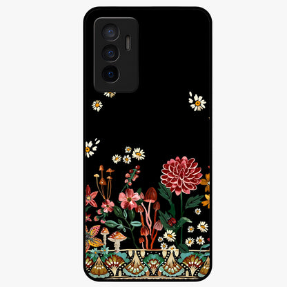 Midnight Bloom Pattern Glass Case showing flat back view with dark floral pattern artwork and glossy glass finish.