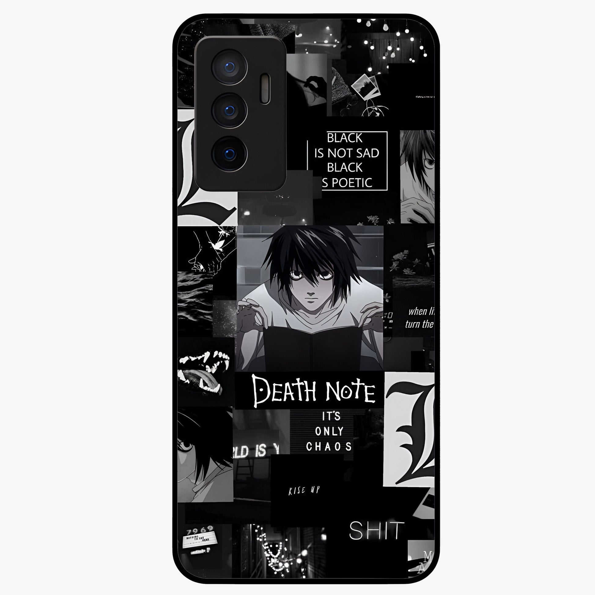 Midnight Chaos Mind Glass Case showing flat back view with abstract dark themed artwork and glossy glass finish.