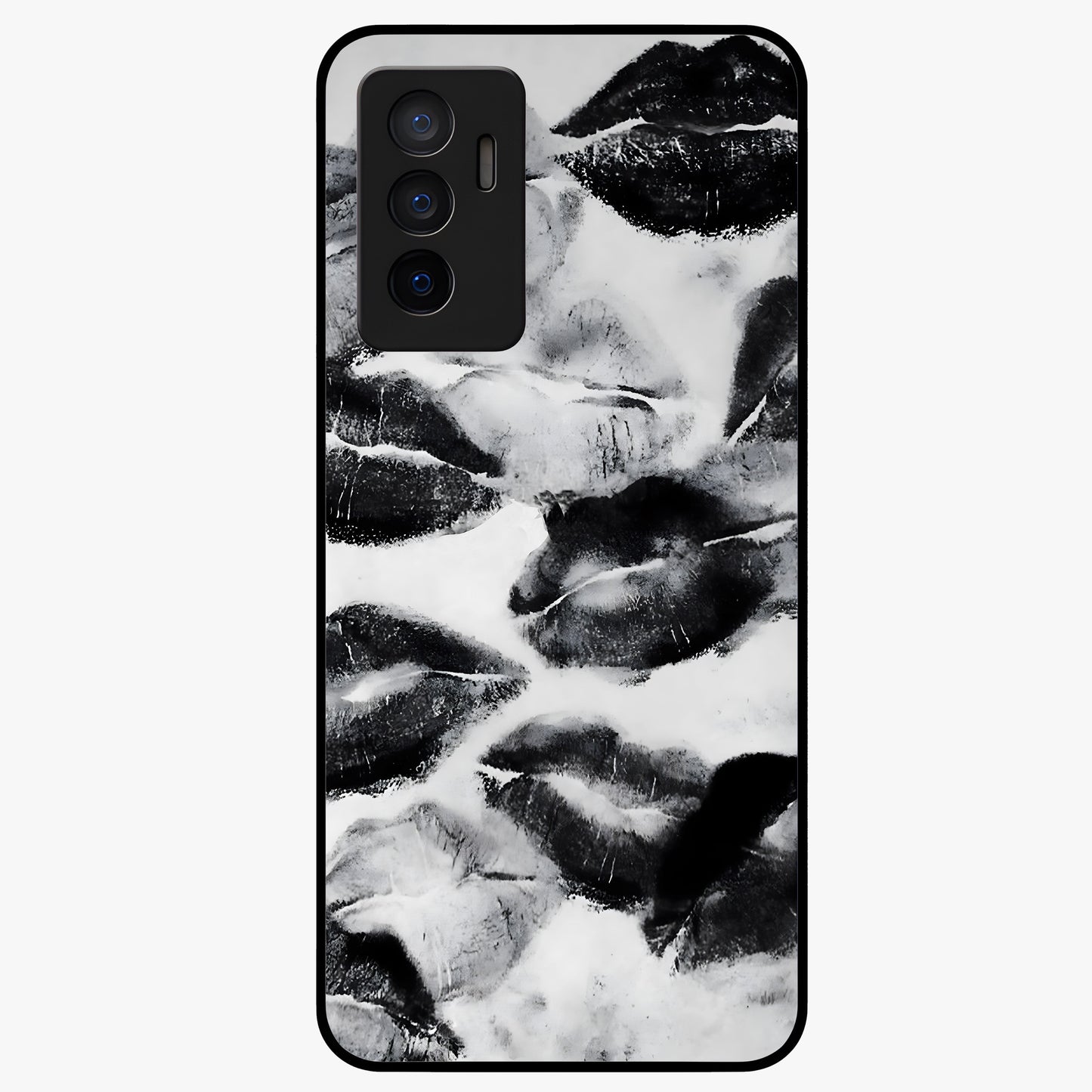 Midnight Kiss Marks Glass Case showing flat back view with lipstick kiss mark artwork and glossy glass finish.
