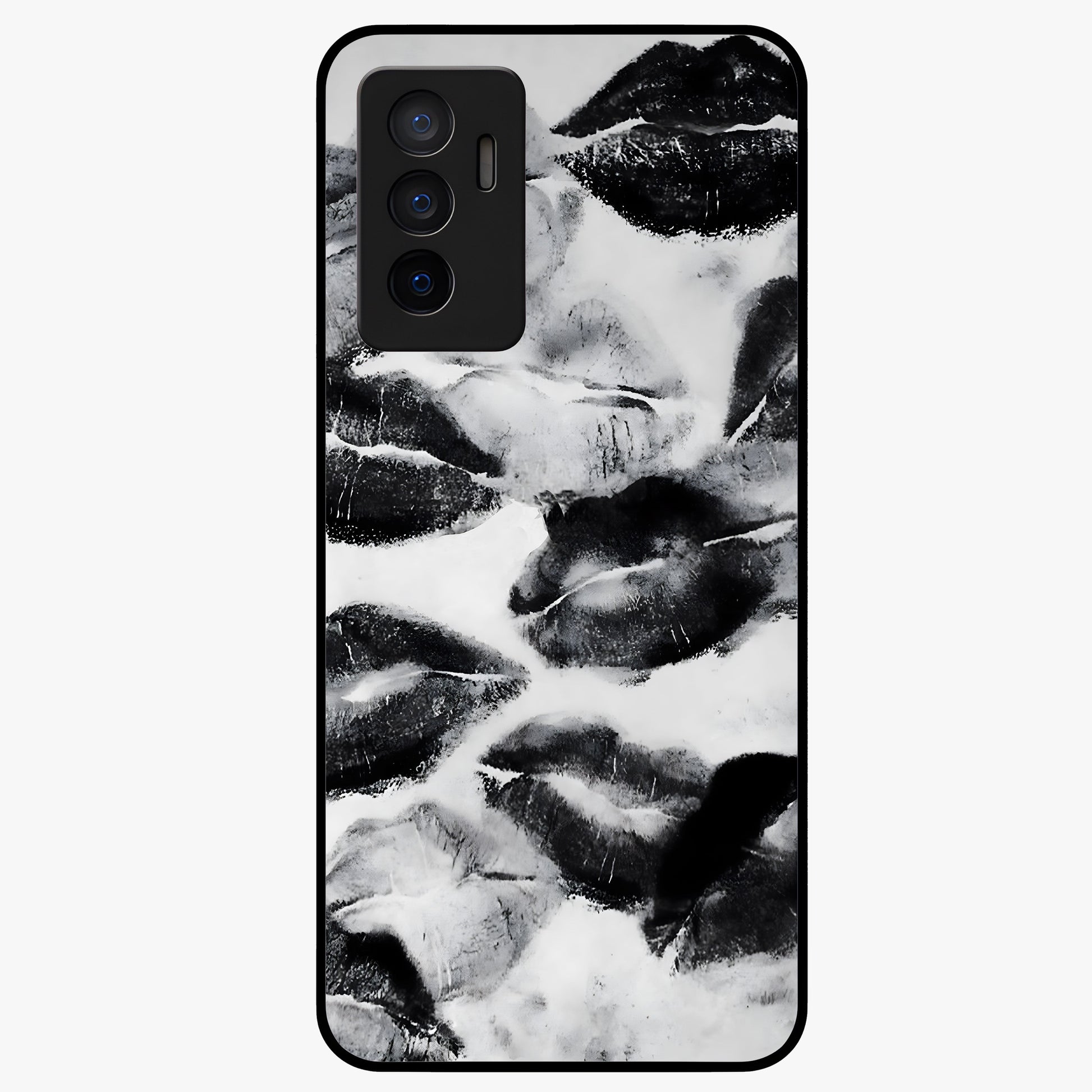 Midnight Kiss Marks Glass Case showing flat back view with lipstick kiss mark artwork and glossy glass finish.