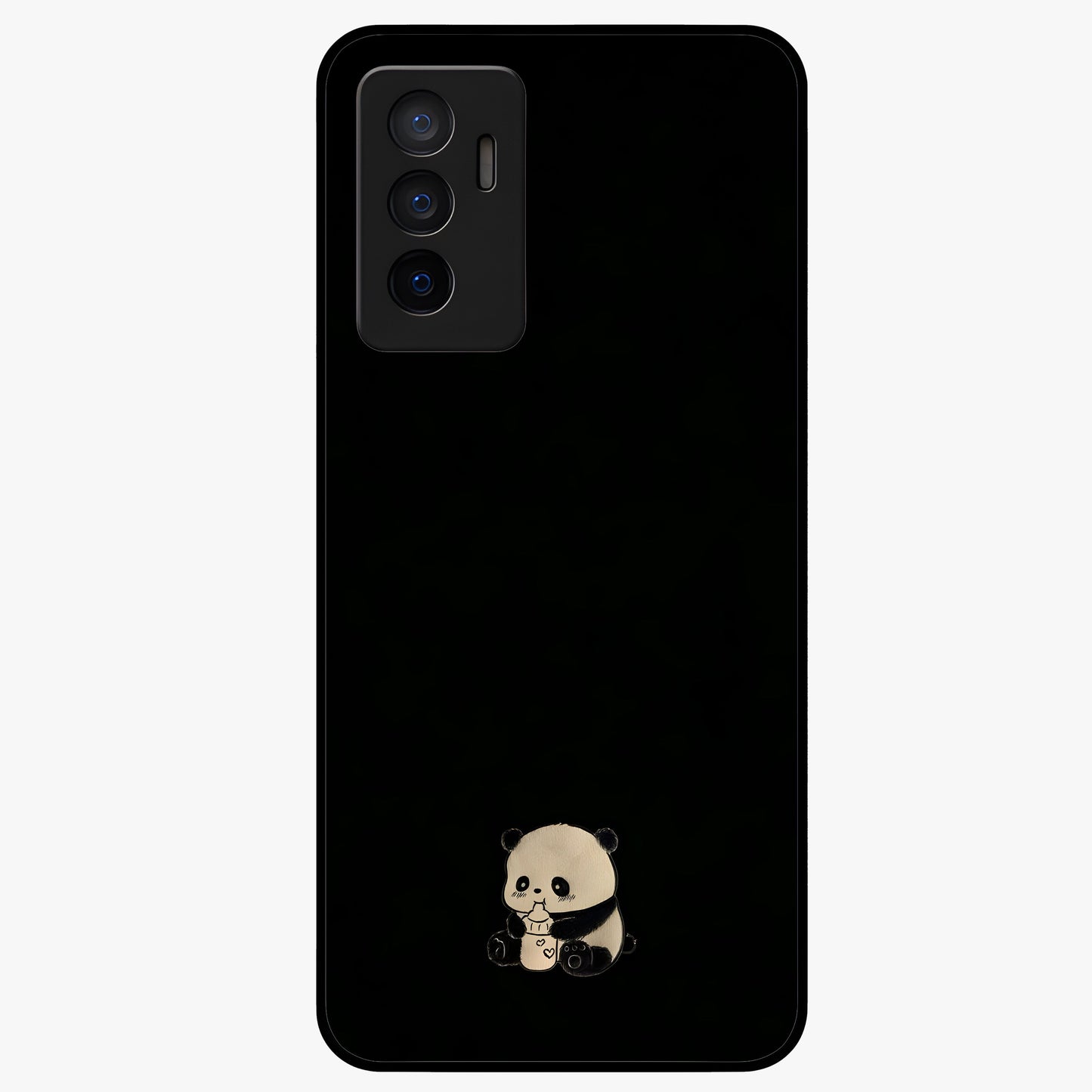 Midnight Panda Love Glass Case showing flat back view with cute panda themed artwork and glossy glass finish.