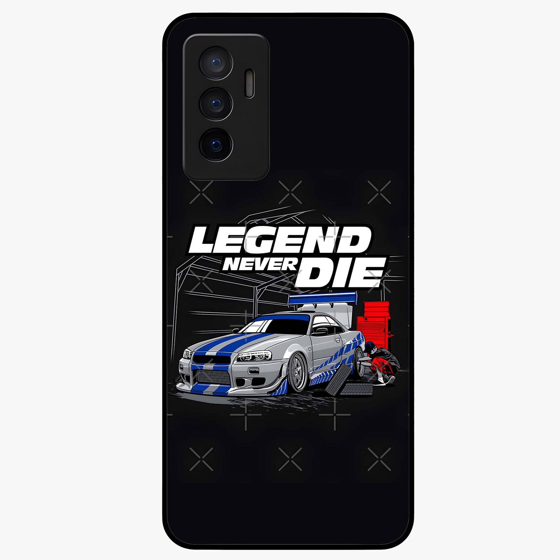 Midnight Racing Legacy Glass Case showing flat back view with sleek racing inspired artwork and glossy glass finish.