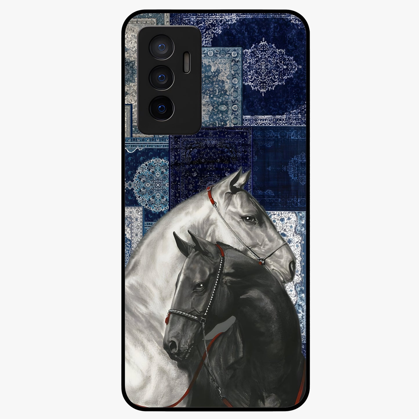Midnight Stallion Blues Glass Case showing flat back view with majestic horse artwork and glossy glass finish.