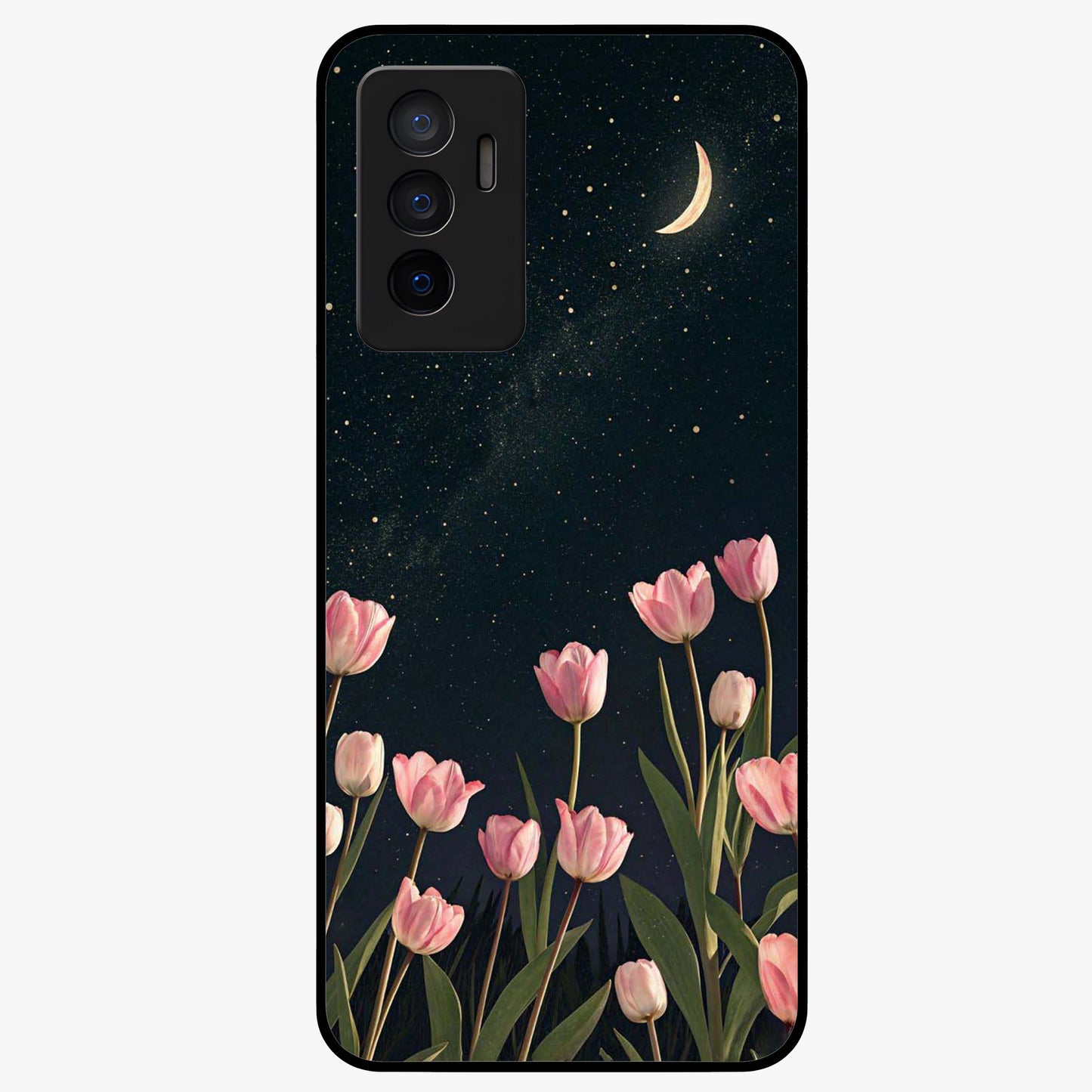 Midnight Tulip Whispers Vibe Glass Case showing flat back view with elegant tulip flower artwork and glossy glass finish.