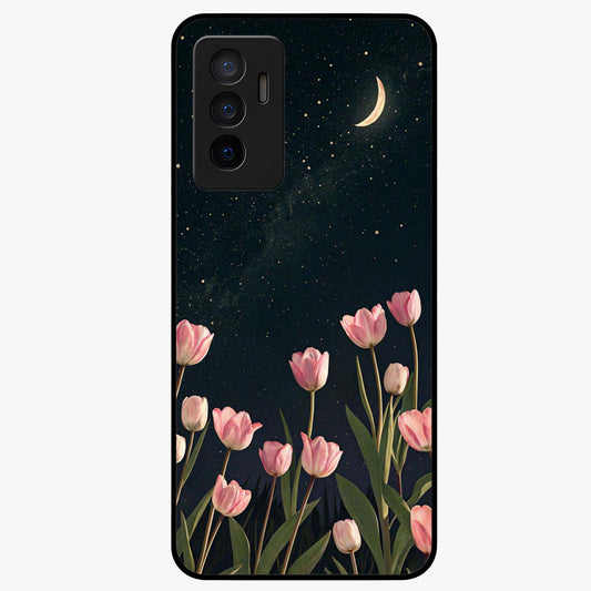 Midnight Tulip Whispers Vibe Glass Case showing flat back view with elegant tulip flower artwork and glossy glass finish.