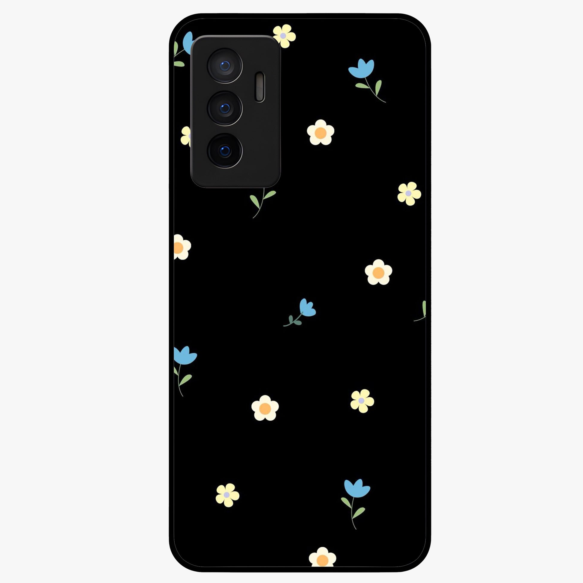 Minimalistic Blue With White Flower Pattern Glass Case showing flat back view with blue background and white flower pattern and glossy glass finish.