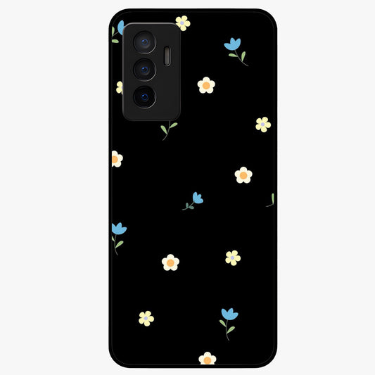 Minimalistic Blue With White Flower Pattern Glass Case showing flat back view with blue background and white flower pattern and glossy glass finish.