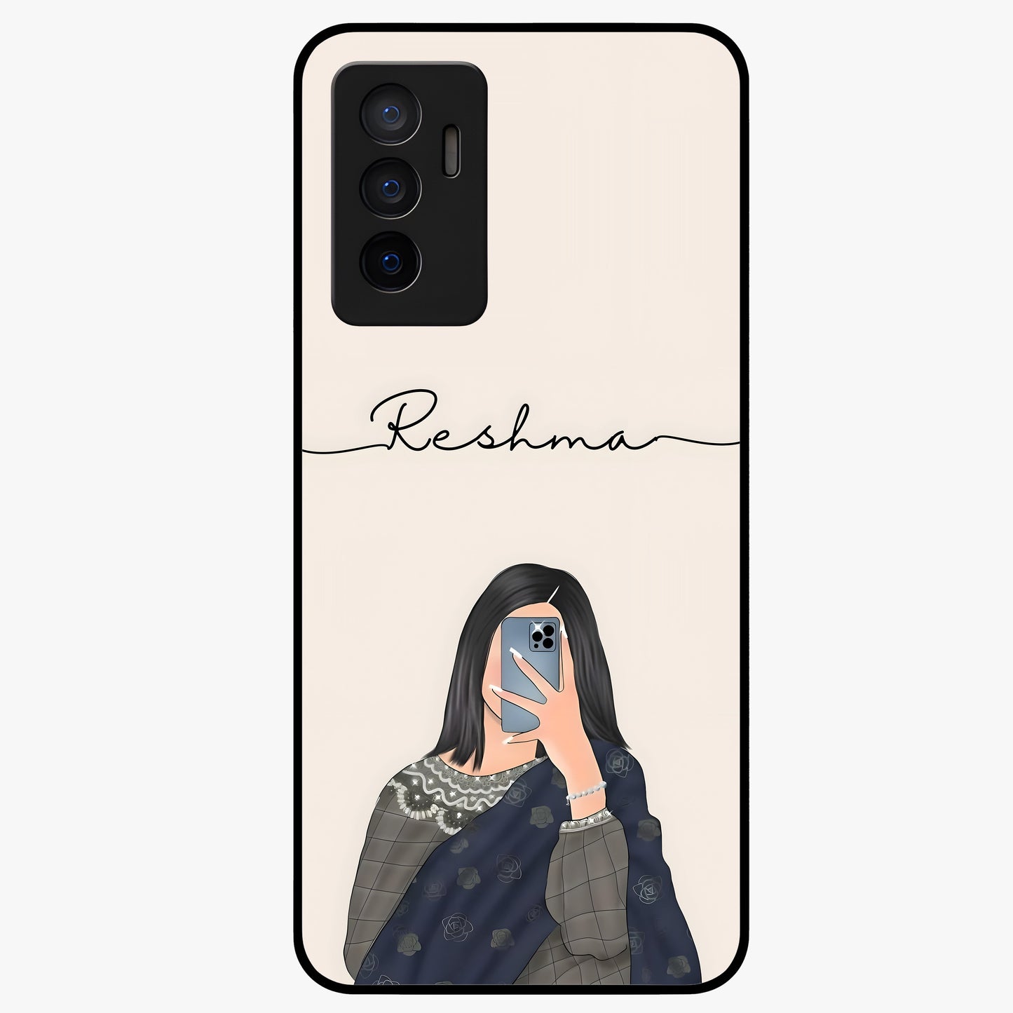 Mirror Mood Muse With Custom Name Glass Case showing flat back view with stylish mirrored artwork and personalized name design.