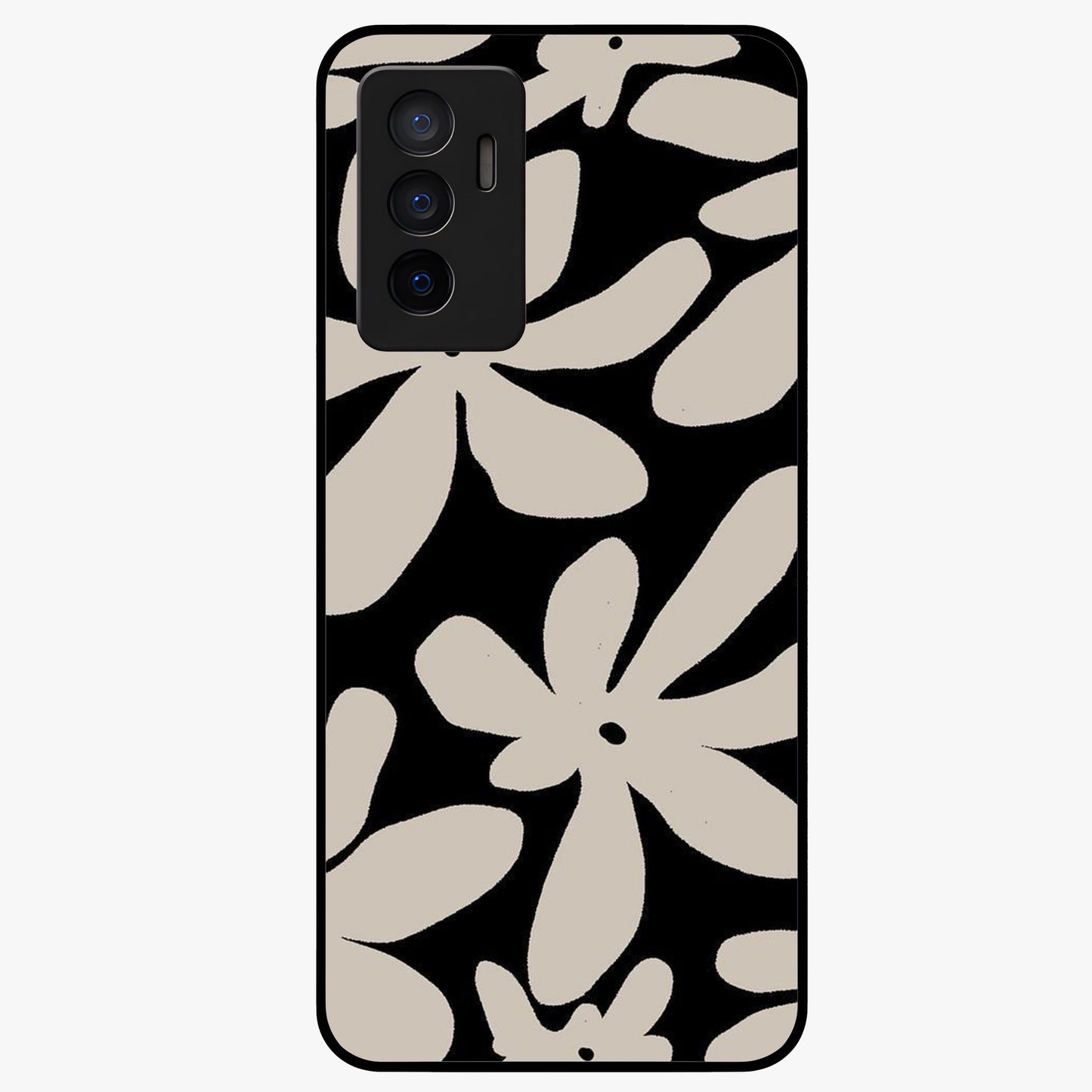 Monochrome Petal Dance Glass Case showing flat back view with monochrome floral artwork and glossy glass finish.