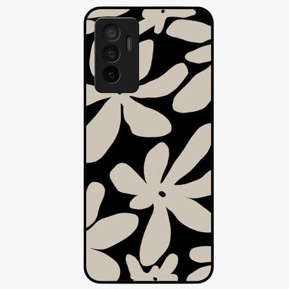 Monochrome Petal Dance Glass Case showing flat back view with monochrome floral artwork and glossy glass finish.