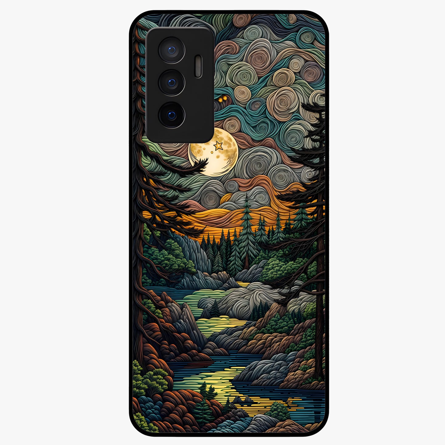 Moonlight Forest Dream Glass Case showing flat back view with mystical forest moonlight artwork and glossy glass finish.
