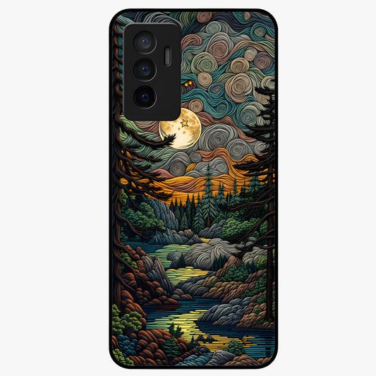Moonlight Forest Dream Glass Case showing flat back view with mystical forest moonlight artwork and glossy glass finish.