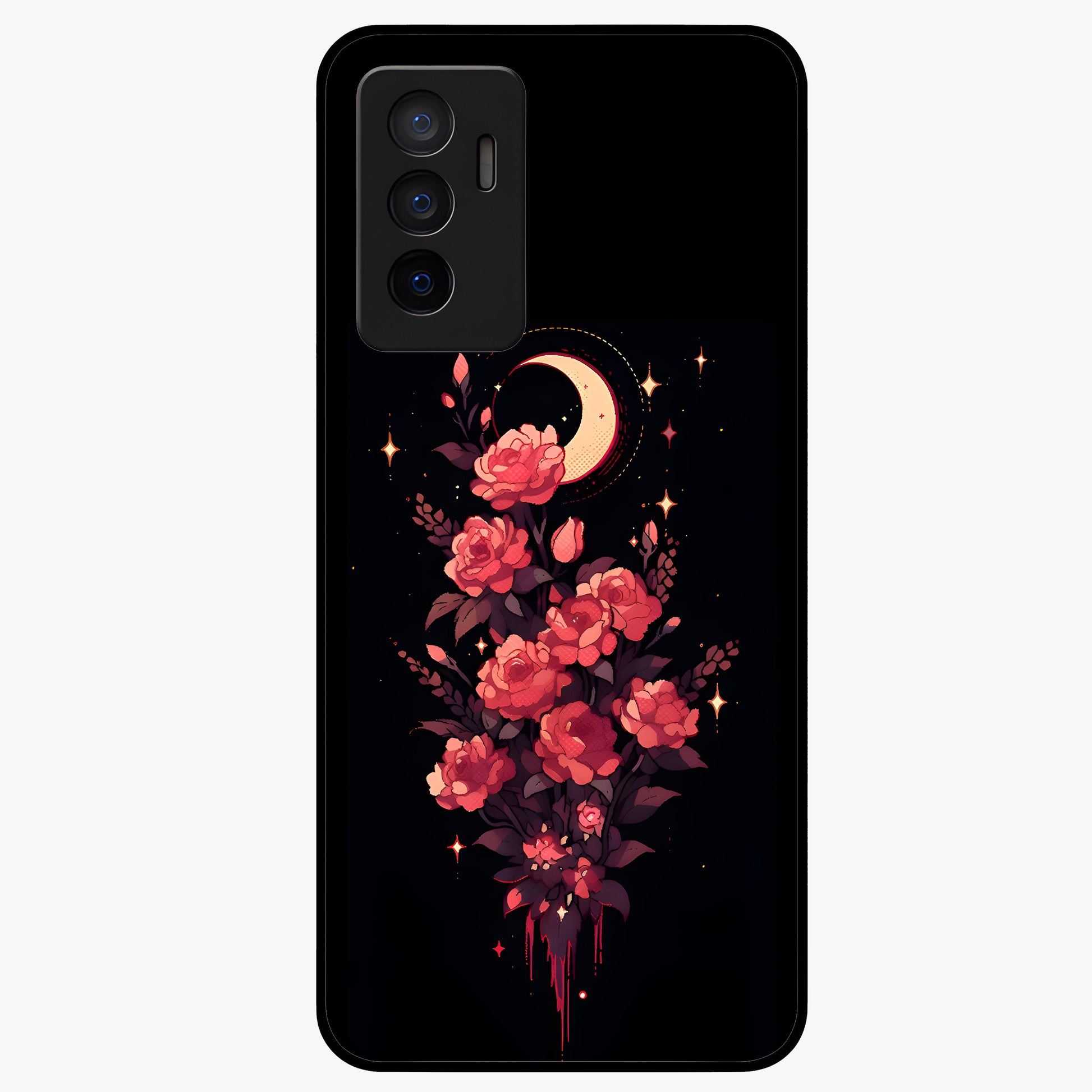 Moonlit Floral Elegance Glass Case showing flat back view with elegant floral artwork under moonlit tones and glossy glass finish.