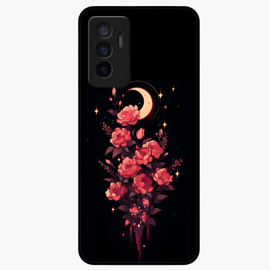 Moonlit Floral Elegance Glass Case showing flat back view with elegant floral artwork under moonlit tones and glossy glass finish.