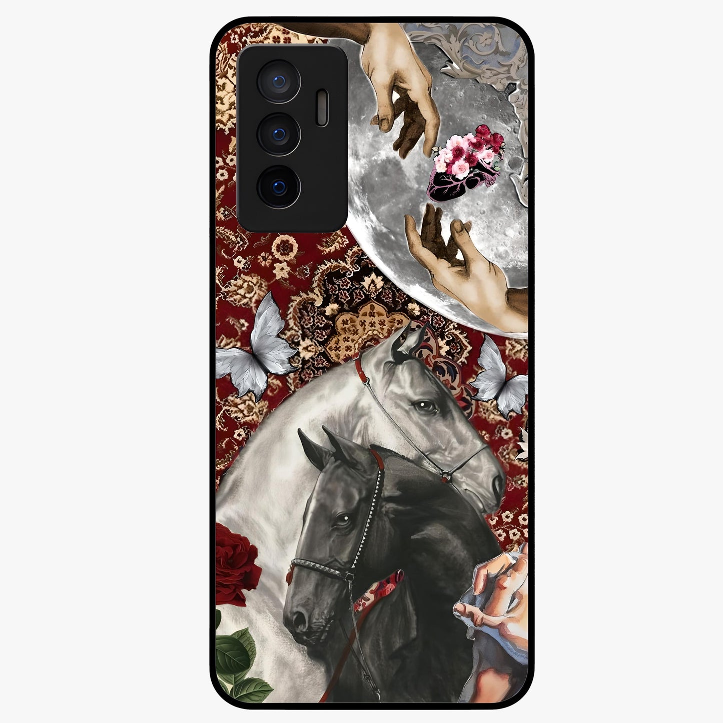Moonlit Royal Stallion Glass Case showing flat back view with majestic horse under moonlight artwork and glossy glass finish.