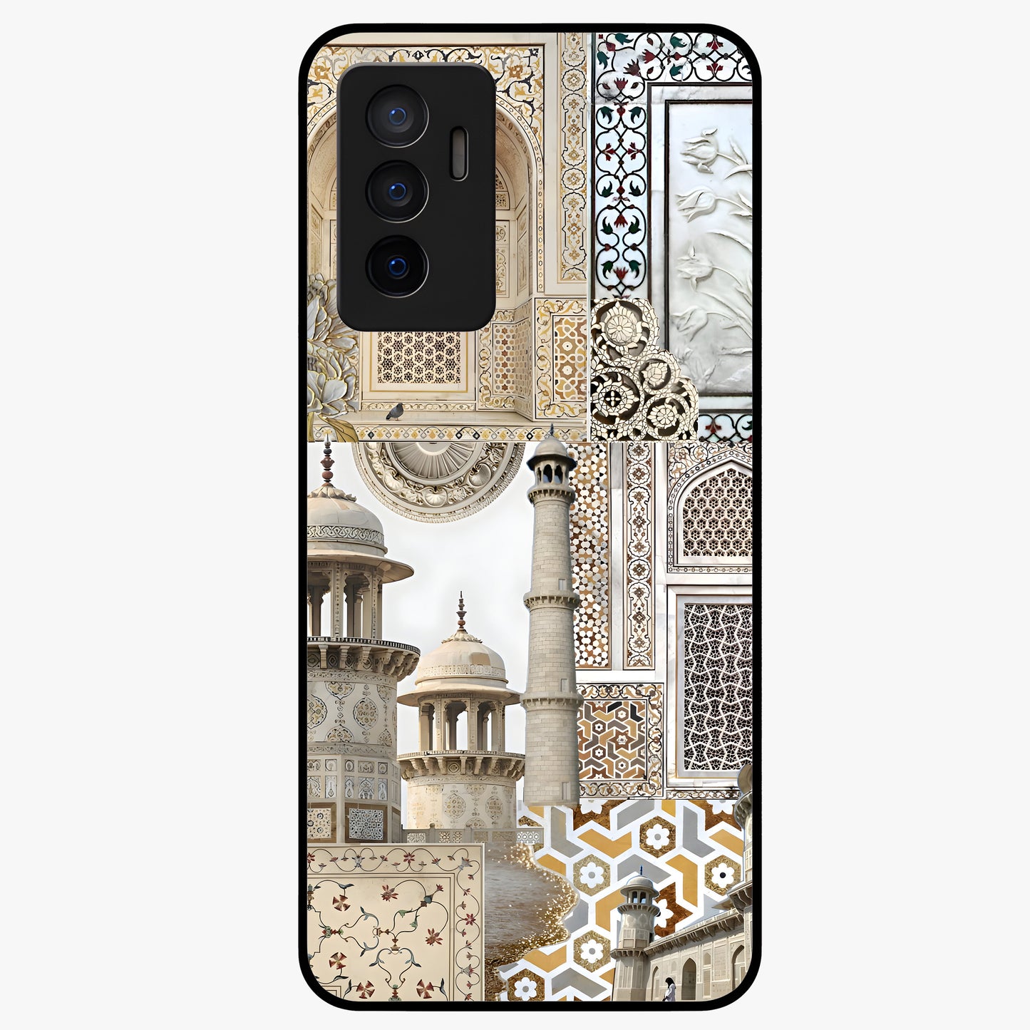 Mughal Marble Legacy Glass Case showing flat back view with intricate Mughal inspired marble pattern and glossy glass finish.