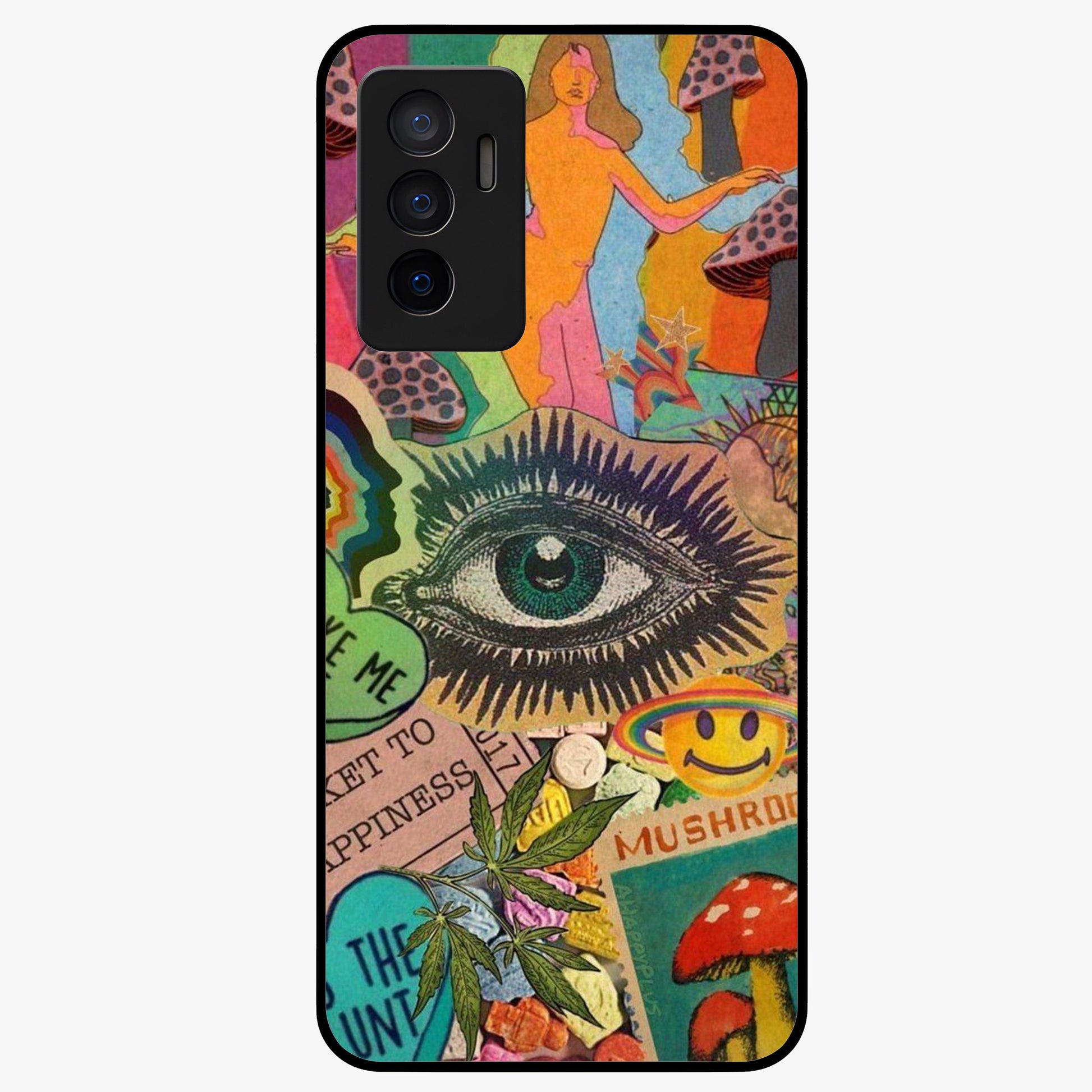 Mystic Eye Wonderland Glass Case showing flat back view with mystical eye themed artwork and glossy glass finish.