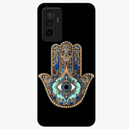 Mystic Hamsa Eye Glass Case showing flat back view with protective hamsa hand and evil eye artwork and glossy glass finish.