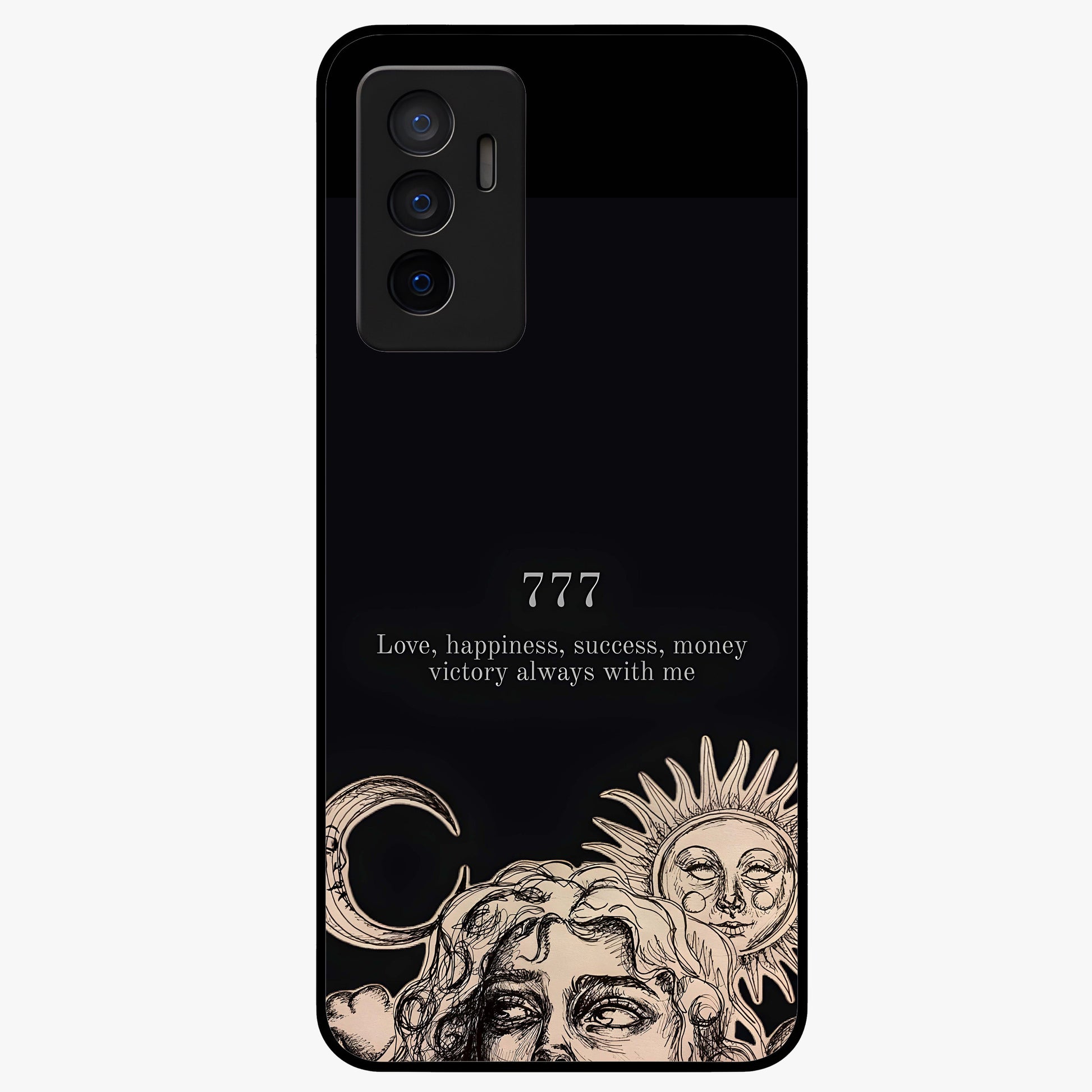 Mystic Victory Aura Glass Case showing flat back view with victory symbol artwork and glossy glass finish.