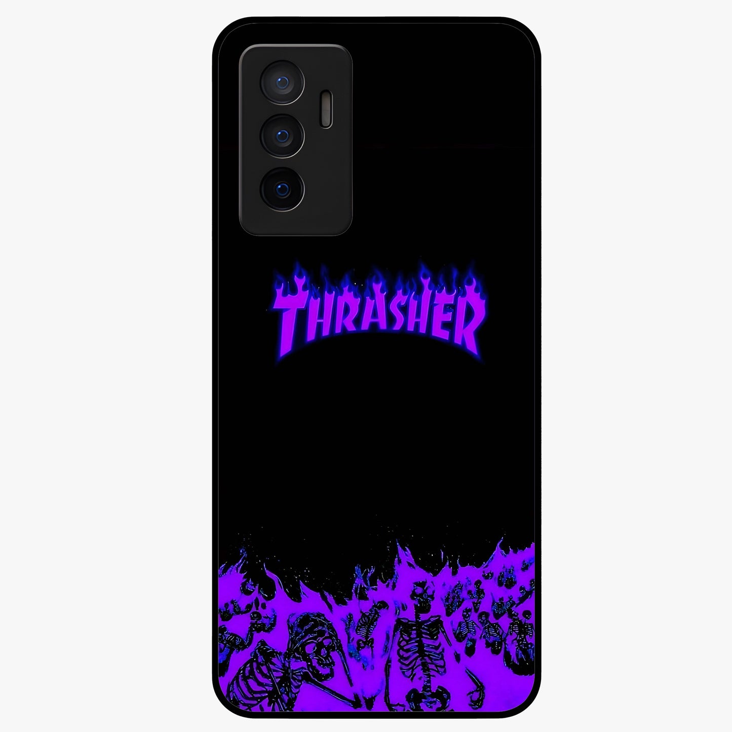 Neon Flame Riot Glass Case showing flat back view with neon flame artwork and glossy glass finish.