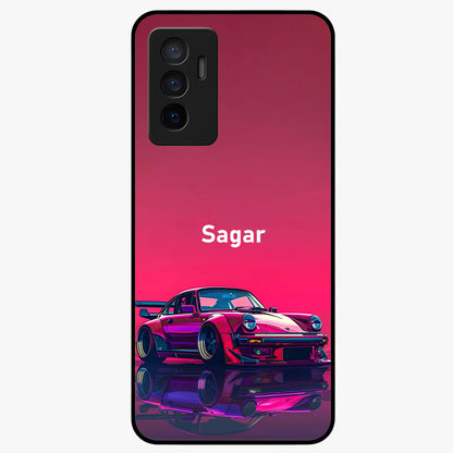 Neon Pink Porsche Glass Case showing flat back view with stylish sports car artwork and glossy glass finish.