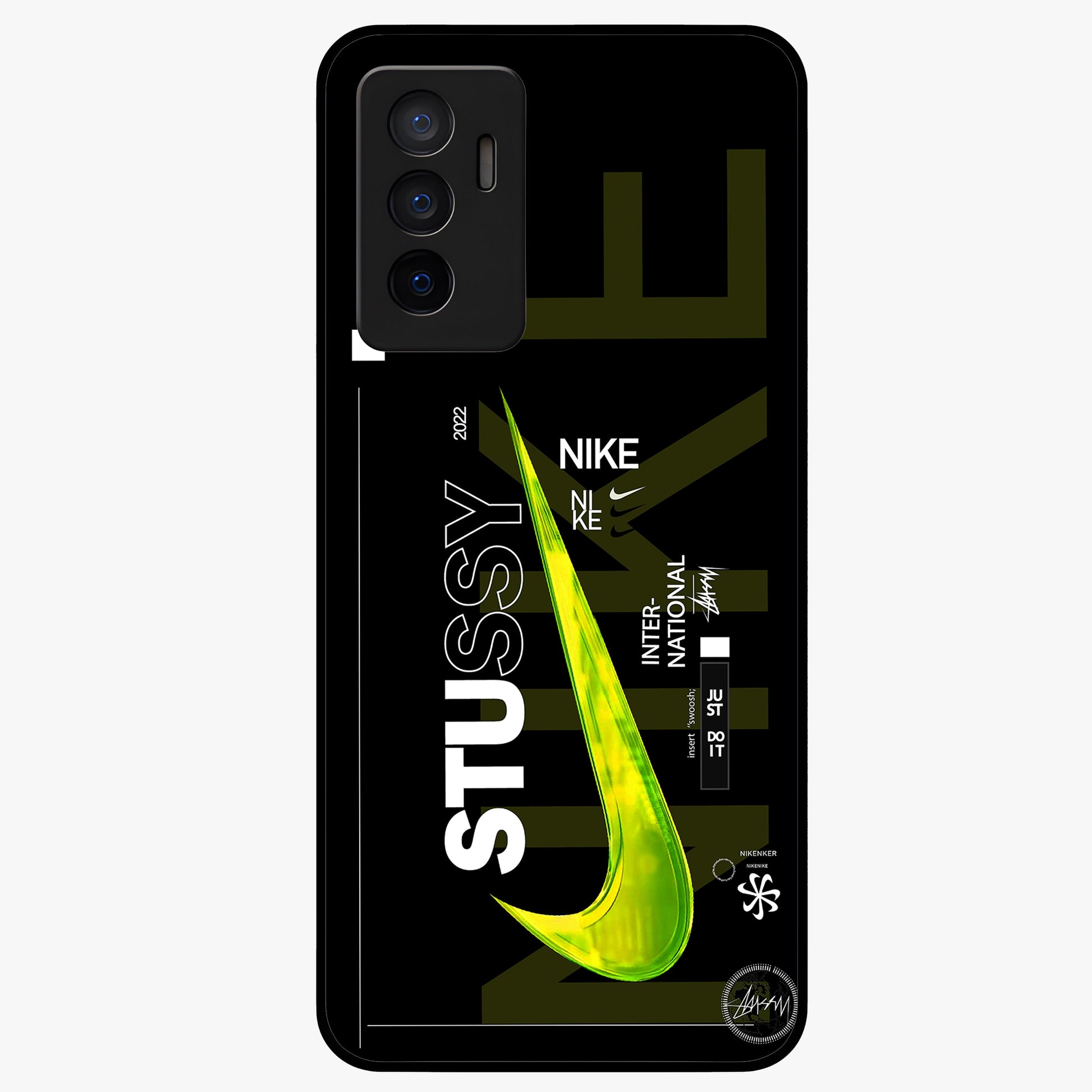 Neon Street Edition Glass Case showing flat back view with neon street style artwork and glossy glass finish.