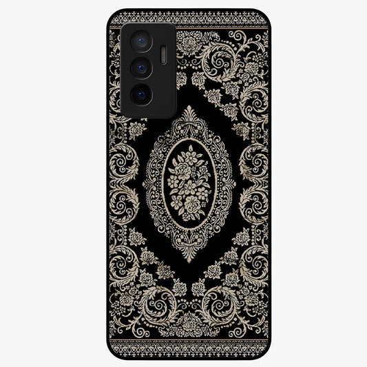 Noir Bloom Elegance Glass Case showing flat back view with elegant dark floral artwork and glossy glass finish.