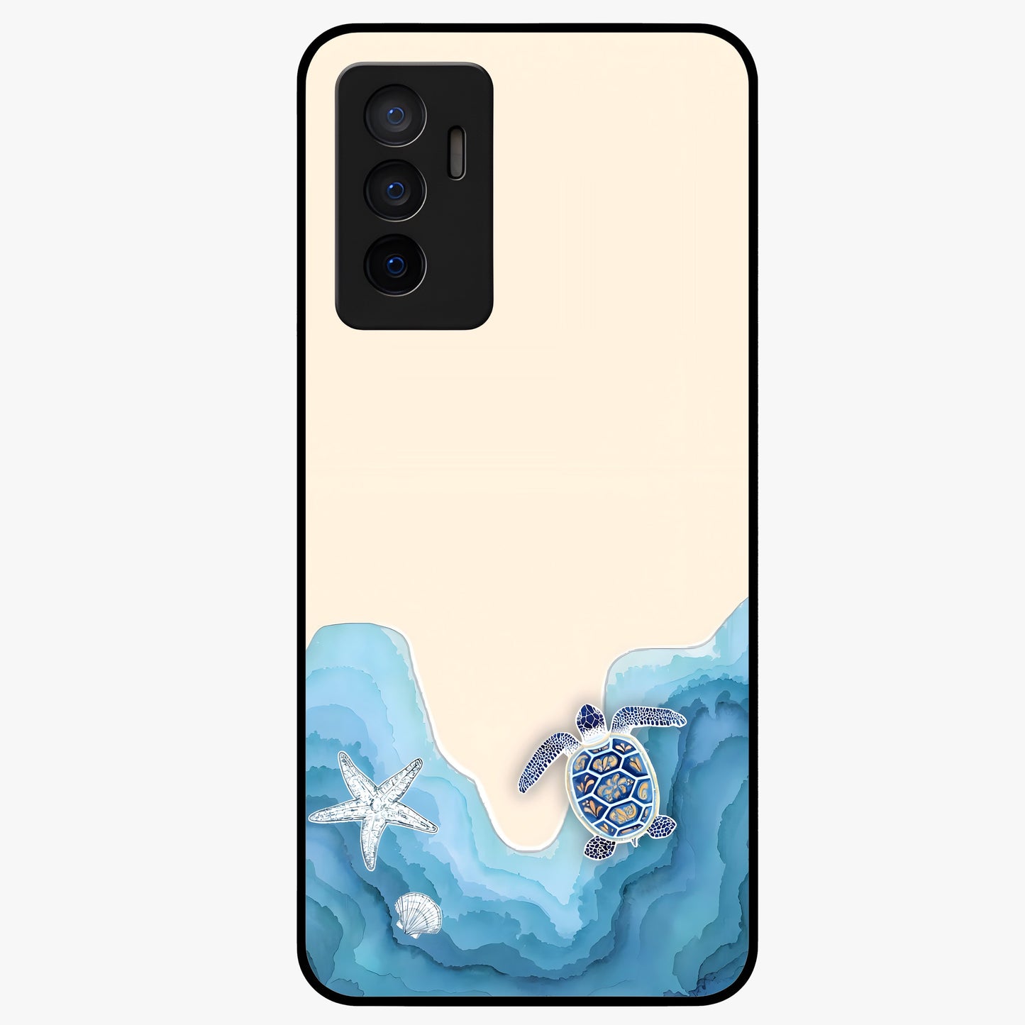 Ocean Drift Turtle Glass Case showing flat back view with sea turtle artwork and glossy glass finish.