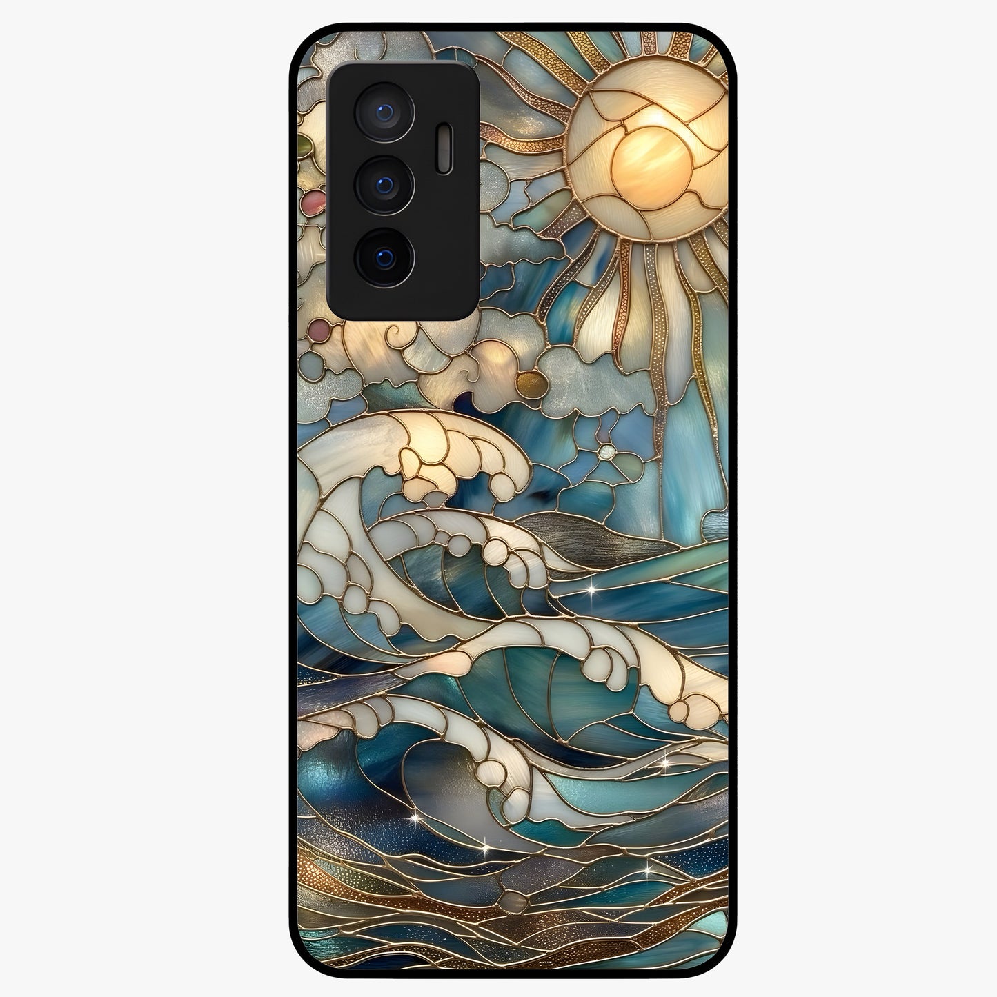 Oceanic Stained Printed Glass Case showing flat back view with ocean inspired stained pattern artwork and glossy glass finish.