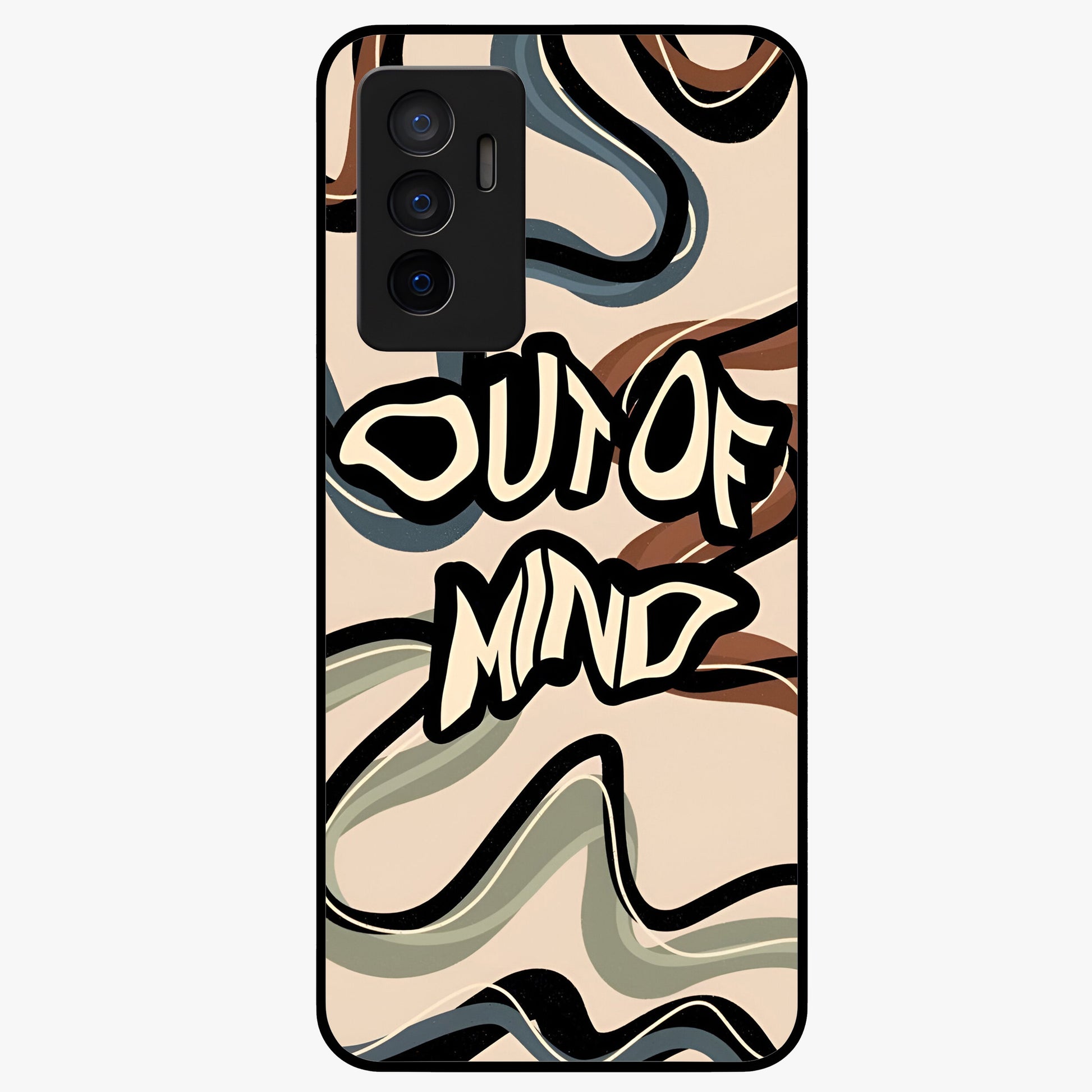 Out Of Mind Glass Case showing flat back view with expressive typography artwork and glossy glass finish.