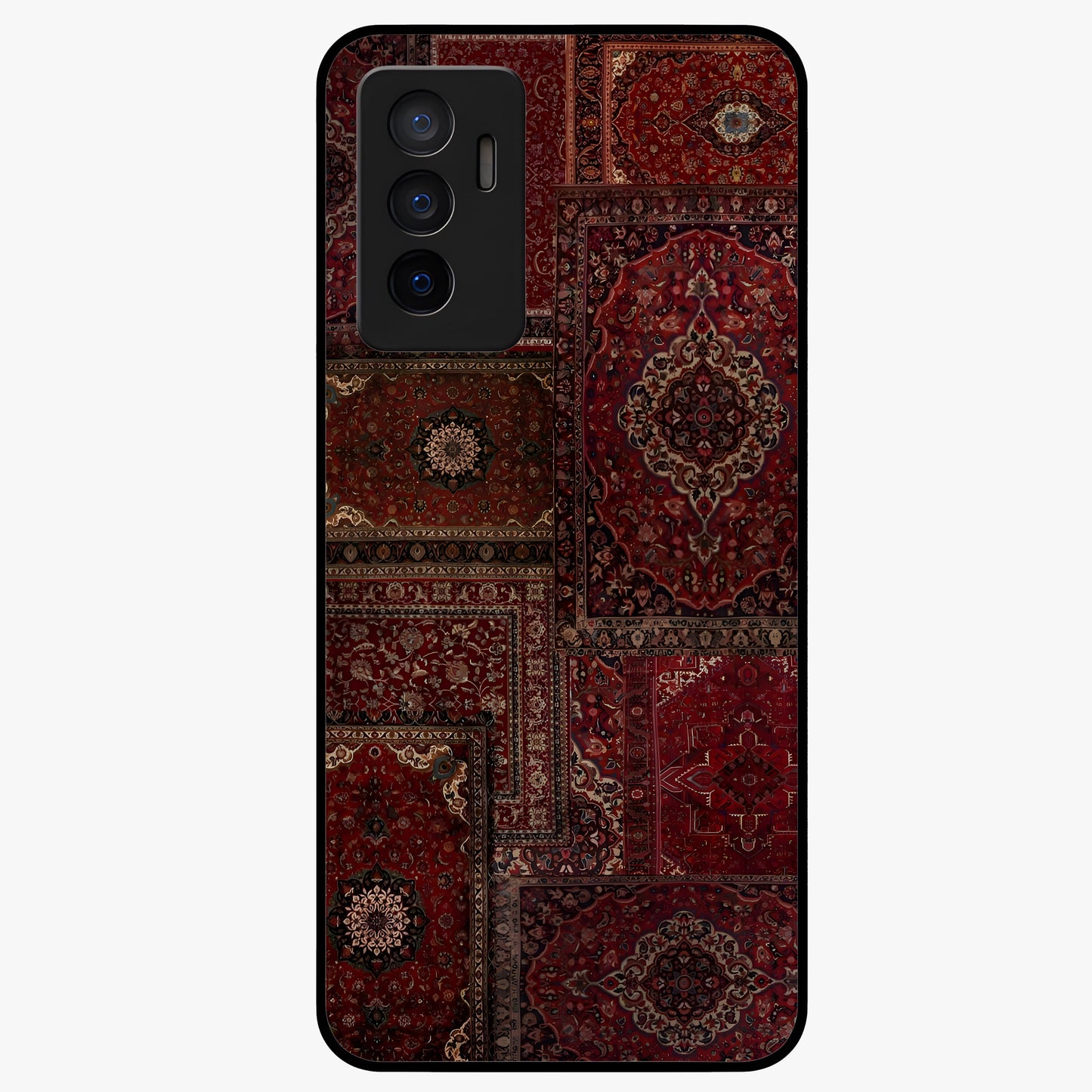 Persian Velvet Tale Glass Case showing flat back view with luxurious Persian velvet pattern artwork and glossy glass finish.