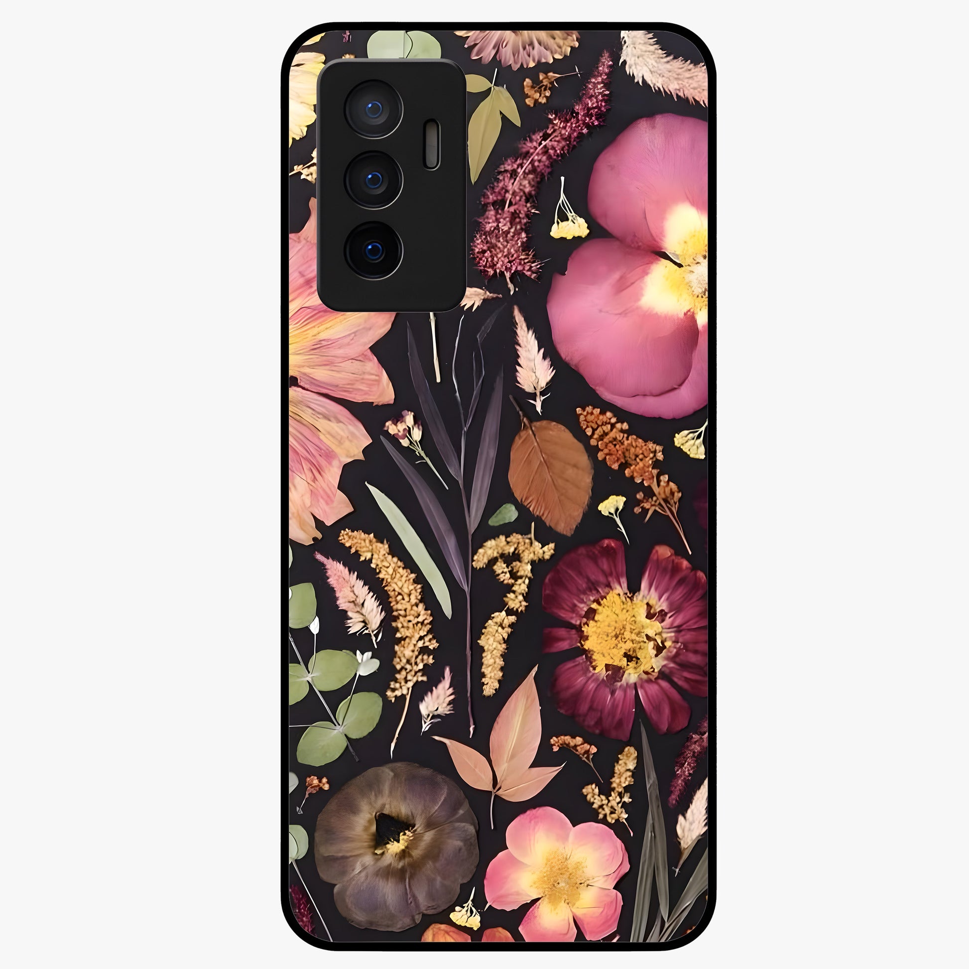 Petal Dream Tapestry Glass Case showing flat back view with intricate floral tapestry artwork and glossy glass finish.