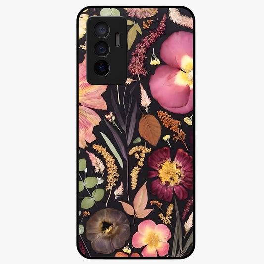 Petal Dream Tapestry Glass Case showing flat back view with intricate floral tapestry artwork and glossy glass finish.
