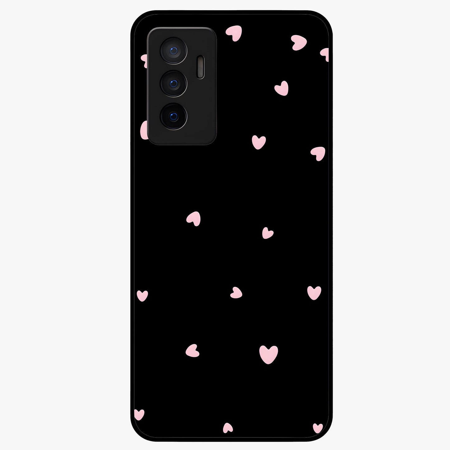 Pink Love Drops Glass Case showing flat back view with playful pink heart drops artwork and glossy glass finish.