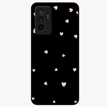 Pink Love Drops Glass Case showing flat back view with playful pink heart drops artwork and glossy glass finish.