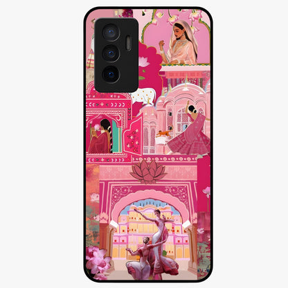 Pink Palace Muse Glass Case showing flat back view with elegant palace inspired artwork and glossy glass finish.