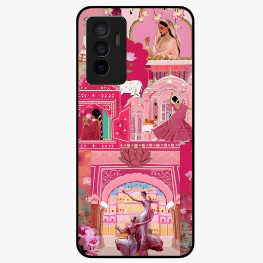 Pink Palace Muse Glass Case showing flat back view with elegant palace inspired artwork and glossy glass finish.