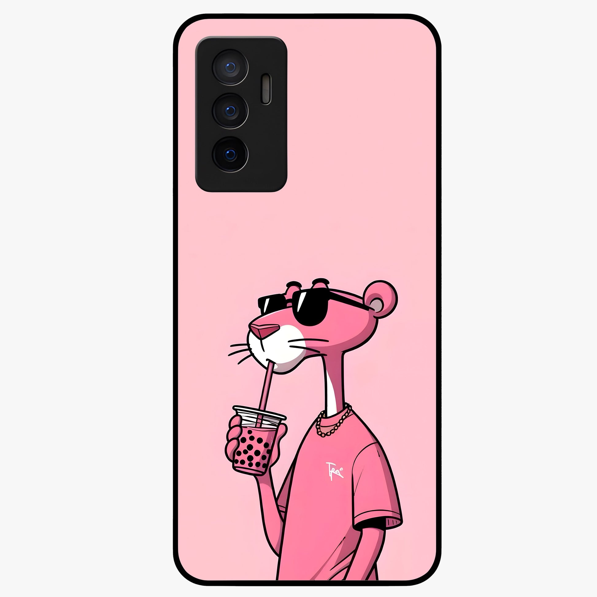 Pink Panther Glass Case showing flat back view with iconic pink panther artwork and glossy glass finish.
