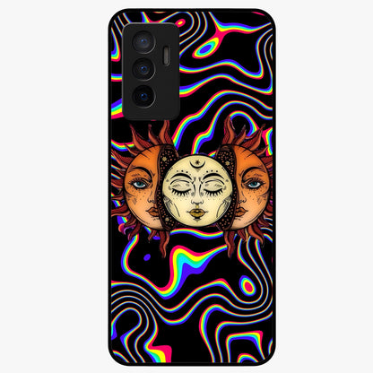 Psychedelic Sun Glass Case showing flat back view with colorful psychedelic sun artwork and glossy glass finish.