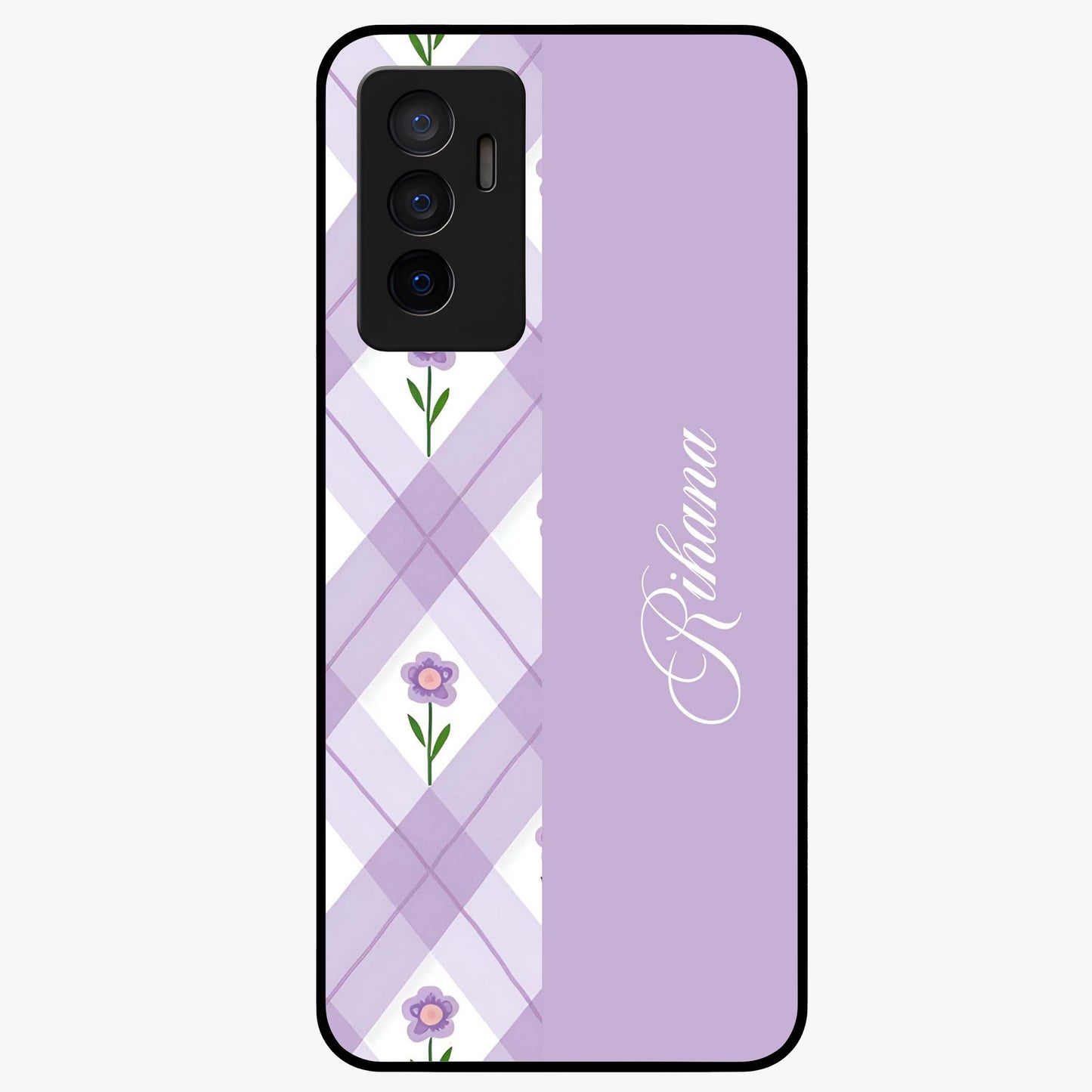 Purple Diamond Floral Glass Case showing flat back view with diamond shaped floral artwork and glossy glass finish.